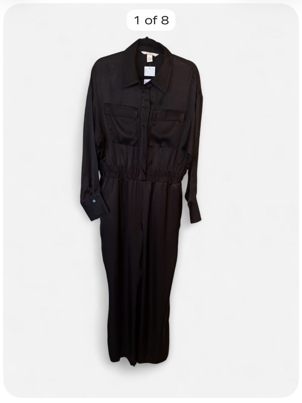 H&M Black Satin Jumpsuit Women’s Large NWT Long Sleeve Utility Wide Leg